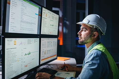 Industrial Worker Looking at Computer Charts