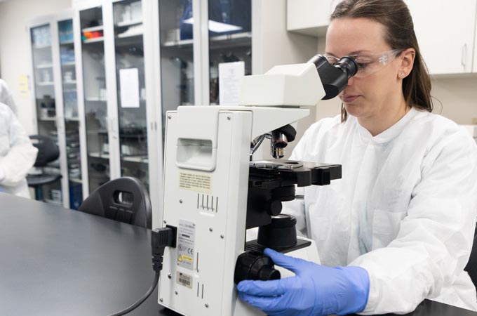 A medical technician views samples through a microscope