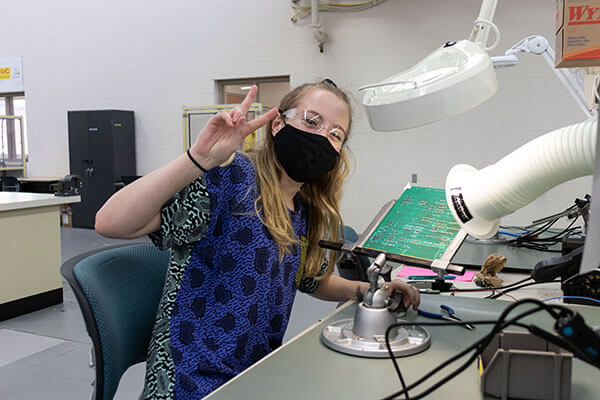 A student works in the biomedical tech lab