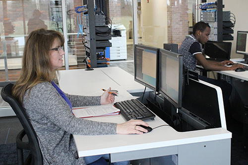 A woman works at a computer in a lab