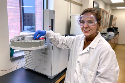 Laboratory Science student Josephine Schmitt testing samples in the lab. 