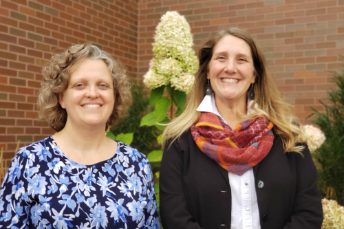 Jennifer Flatt, left, and Cindy Bailey, right, outside campus in Marinette. 