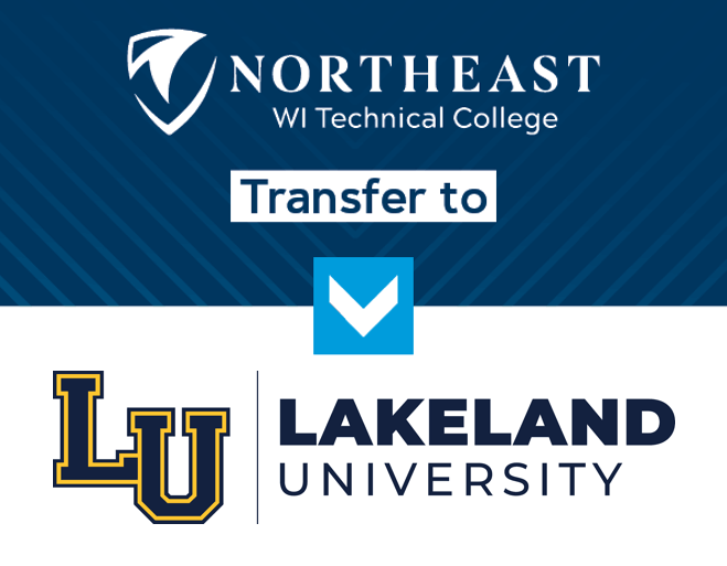 Graphic showing Northeast Wisconsin Technical College transferring to Lakeland University, represented by a downward arrow between the two school logos.