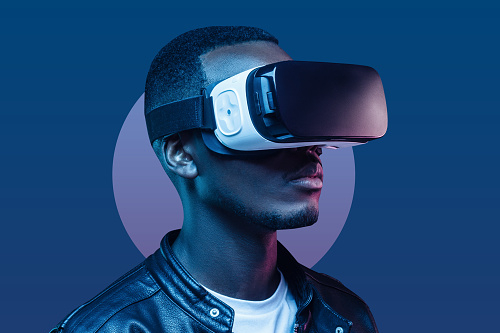Student wearing a virtual reality headset. 