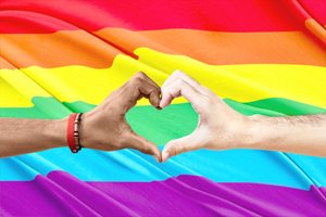 Two hands making a heart in front of a pride flag