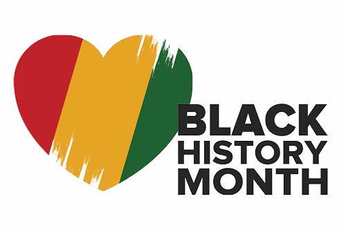 Black History Month text with red, yellow and green heart