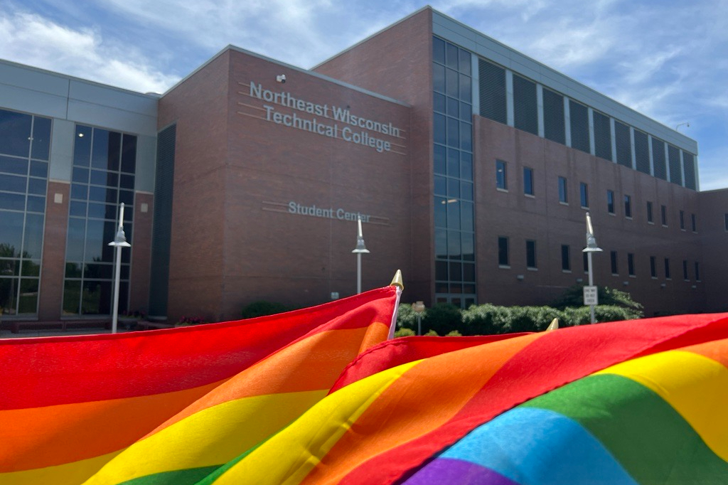 NWTC Green Bay campus with Pride flags.