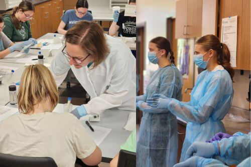 Two images - one is an instructor wearing a lab coat and gloves helping middle school students with an assignment the other is a pair of students wearing scrubs, masks and gloves preparing for a lab