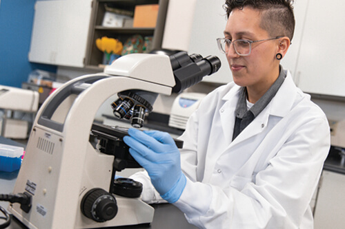 Cyan Hite, 2022 DREAM Scholar, uses a microscope in the lab.