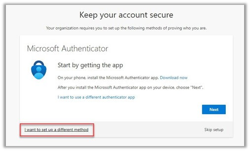 Keep your account secure window with I want to set up  different method selected.