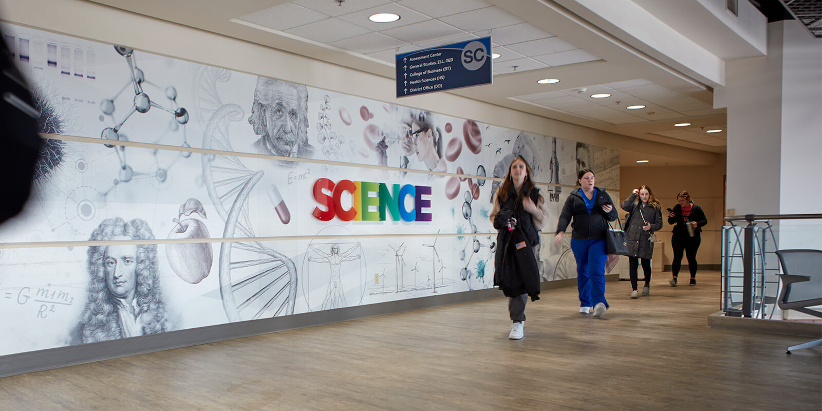 Students walking in the science hallway