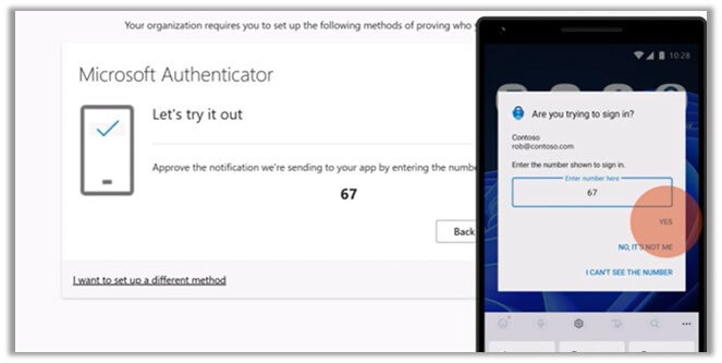 Mircosoft Authenticator Lets try it out window with a mobile device nex to it. The mobile device displays the number in the Authenticator app.
