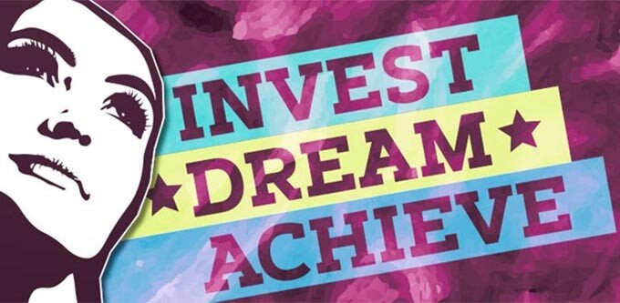 Sketch of a female face in front of invest, dream, achieve text