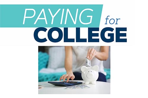 Paying for College text with money going into piggy bank