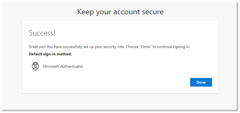 Keep your account secure dialog screen with "Success" message displayed.