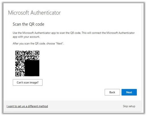 Microsoft Authenticator window with QR code displayed