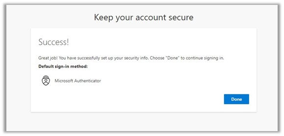 Keep your account secure window with success message.