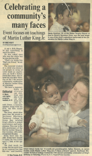 Newspaper clipping about Martin Luther King Jr. community celebration, featuring images of a child singing in a choir and a woman holding a young child.