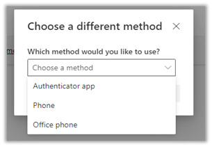 Choose a different method window with the options for Authenticator app, phone or office phone.