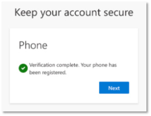 Keep your account secure dialog box with the "Verification complete" message.
