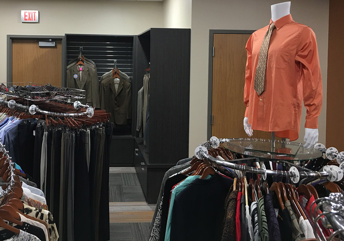 Racks of interview clothing at the career closet