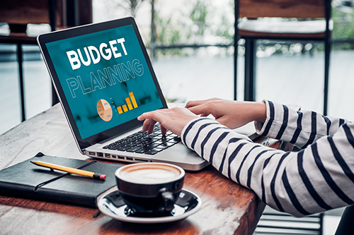 A woman works on a budget on her laptop