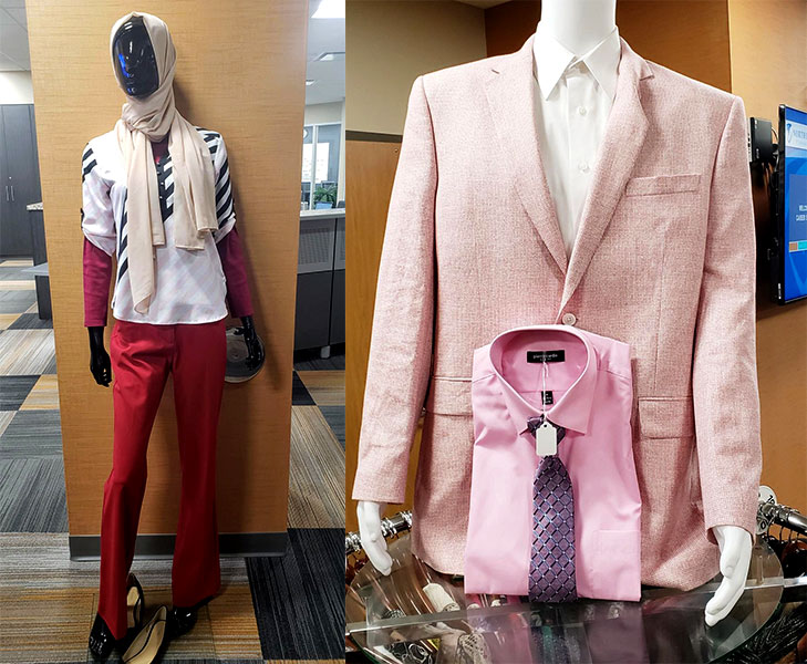 Two outfits on mannequins in Career Closet