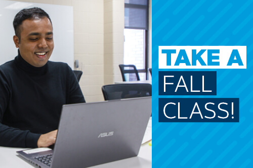 Student in front of computer with Take a Fall Class text