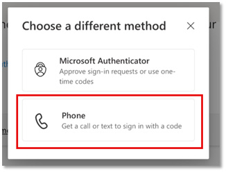 Choose a different method box with "phone" selected