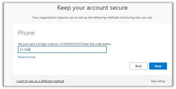 Keep your account secure window shown with 6 digit code entered