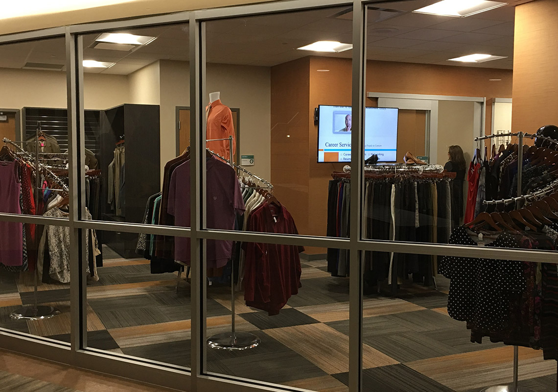 View of the career closet through the front window