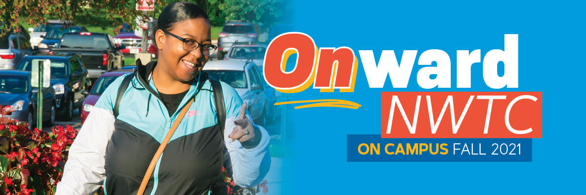 Onward NWTC - a student gives a thumbs up while walking on campus