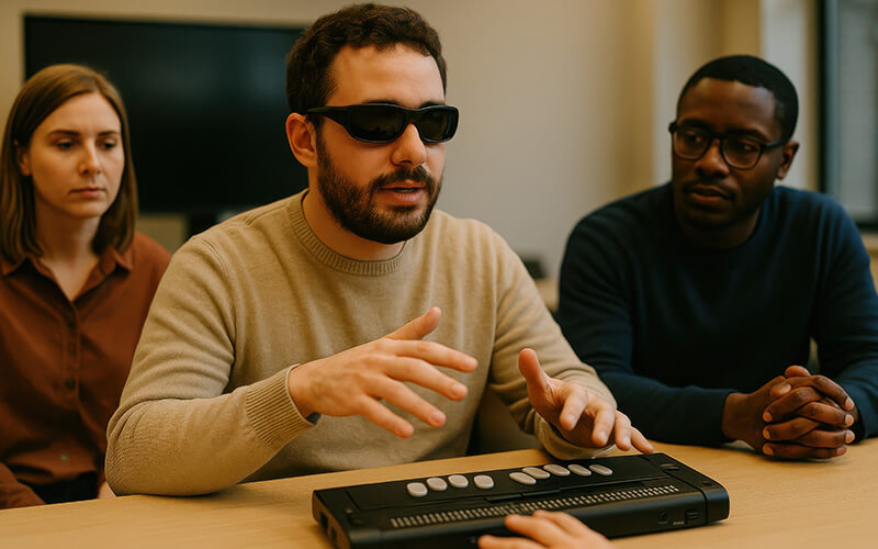 Three people collaborate while one uses a braile keyboard