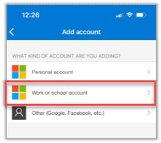 Add account with "work or school account" selected.